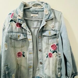 Cavalini Light Blue Denim Jacket with Pink Floral Embroidery